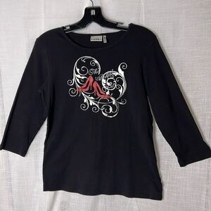 Nicole Miller,Nicki,t shirt,bracelet sleeve,black shirt,red shoes print,cotton